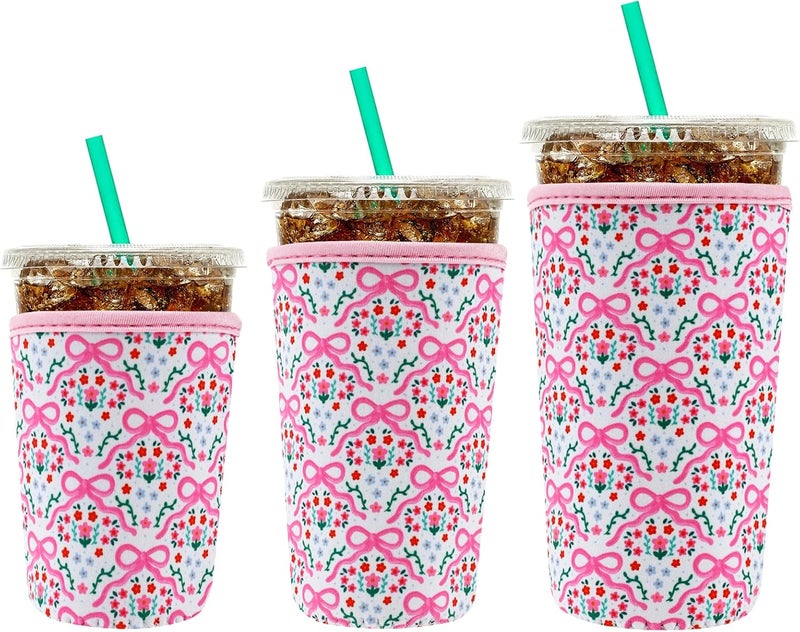 YR Reusable Neoprene Insulator Sleeve for Iced Coffee Cups, 3 Pack Coffee Coolies sleeves for Iced & Hot Drinks, Cold Beverage Cooler Compatible with Starbucks Coffee and More (Pink Bows) - Image 1